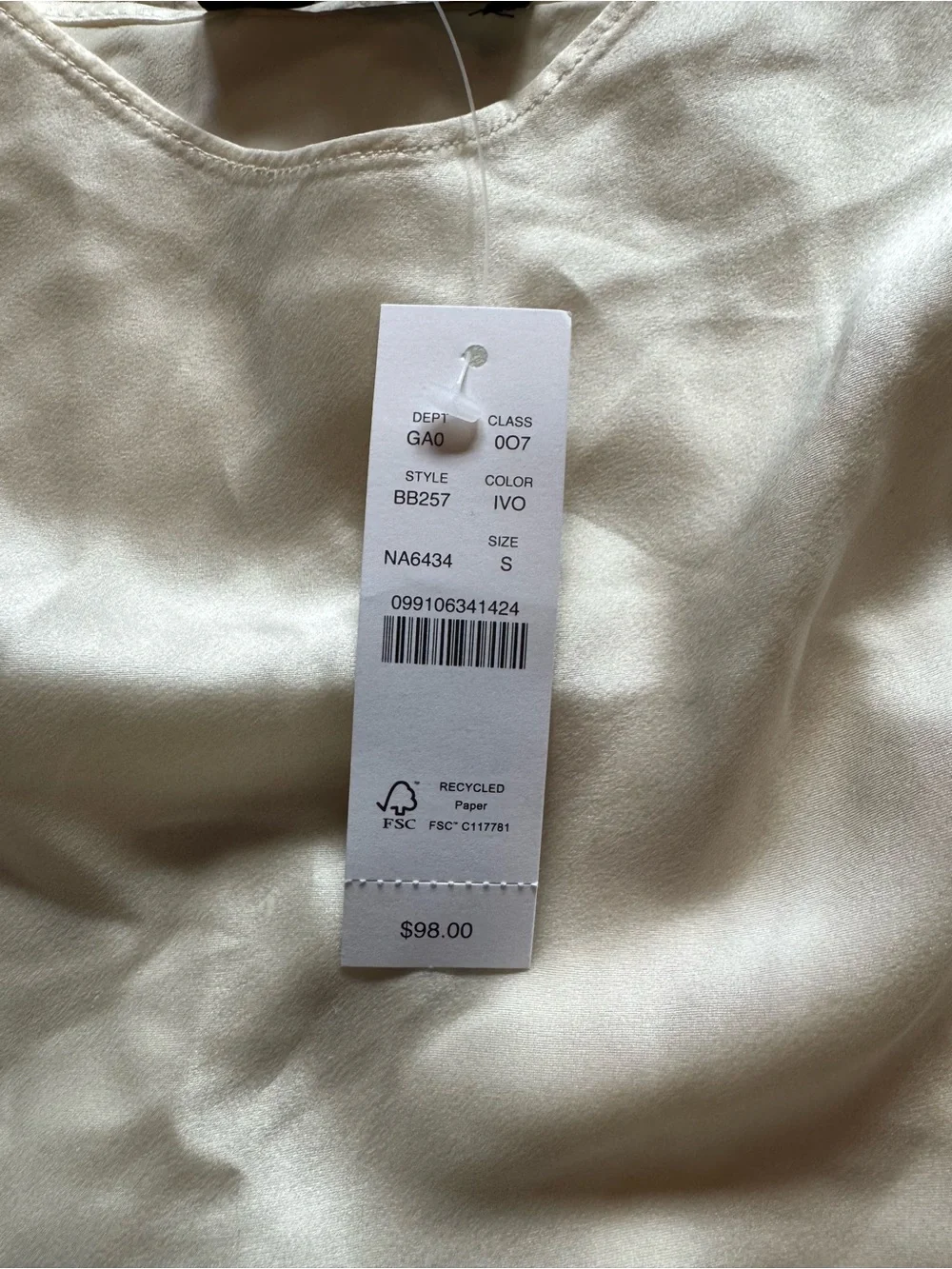 J. Crew Ivory Satin Camisole
